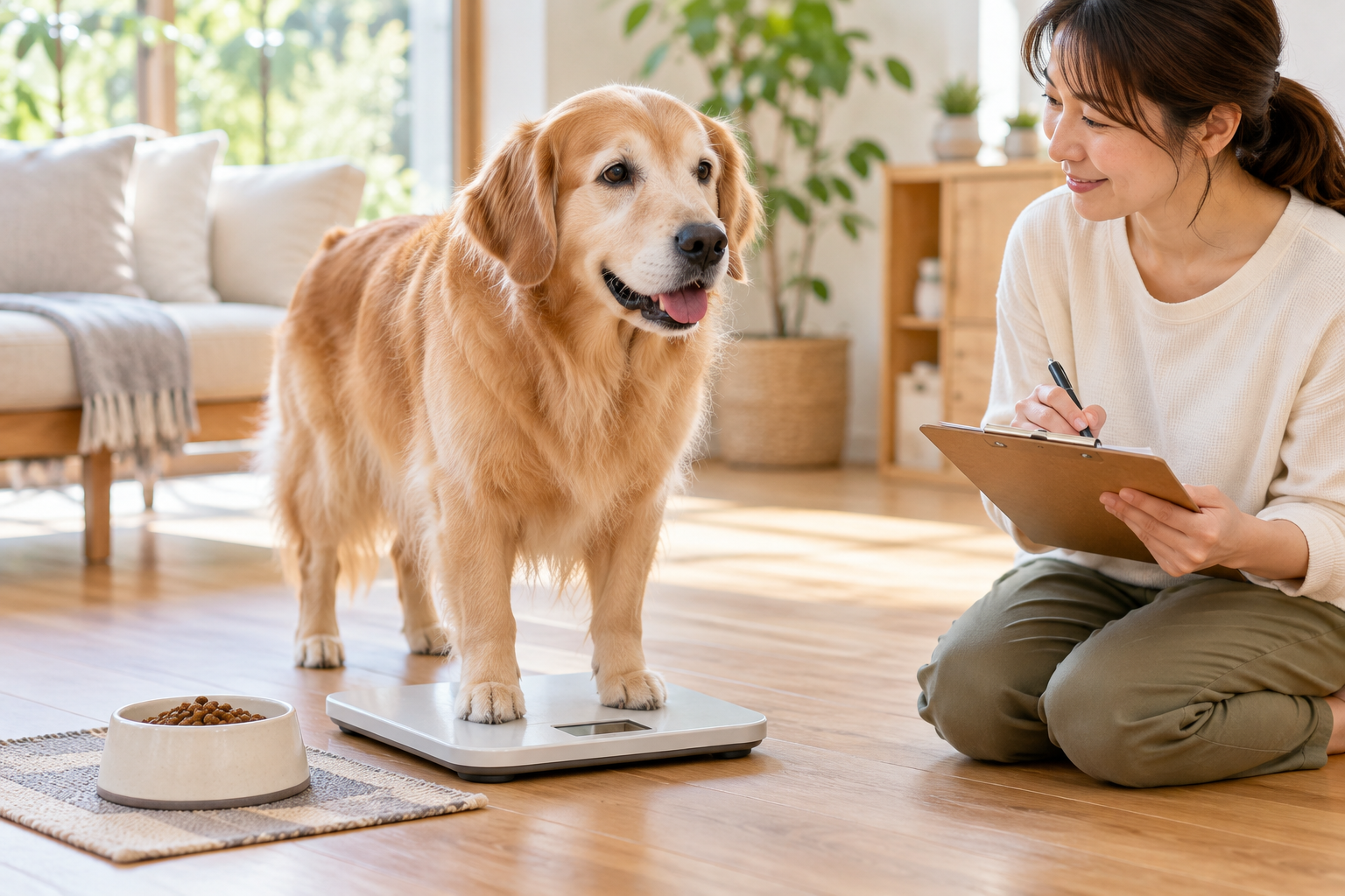 犬の体重と食事量を確認する場面