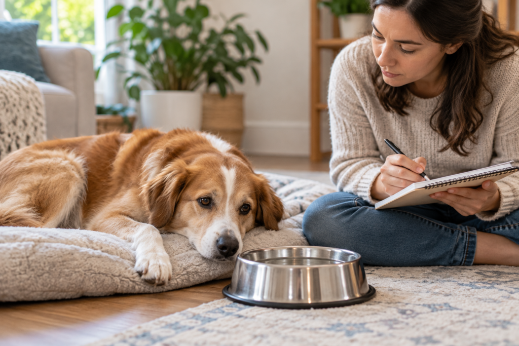 犬の水分摂取と食事の状態を確認する場面