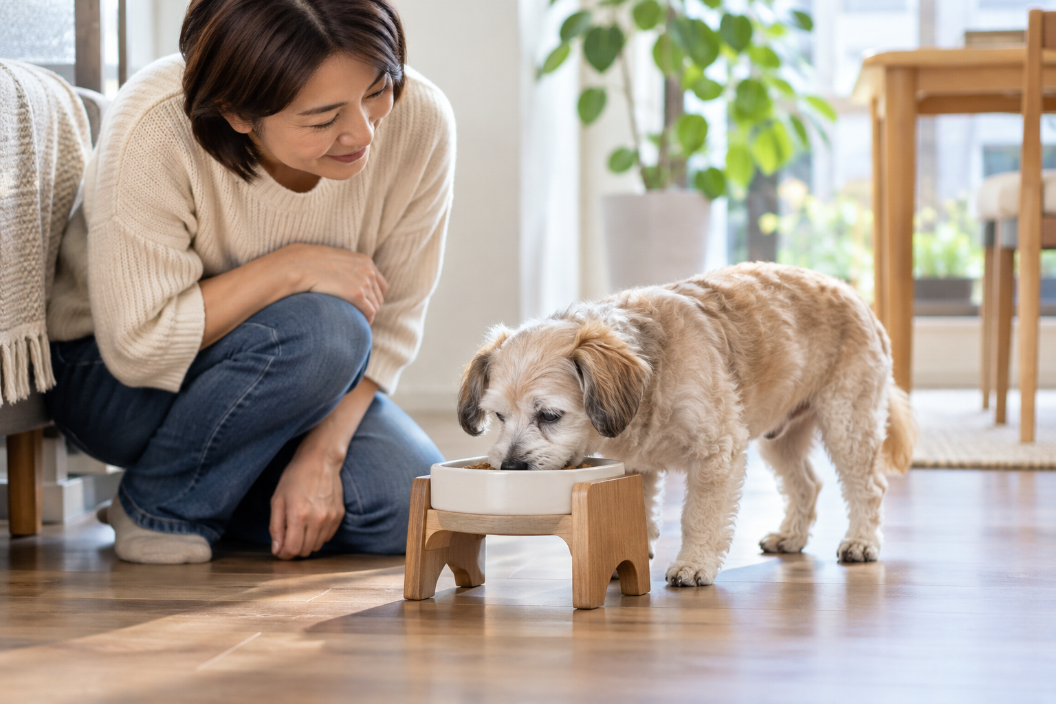 犬の食べやすい姿勢と食器の高さを確認する場面