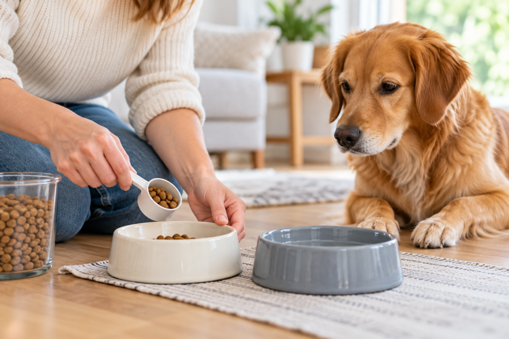 少量ずつ食事を再開するために食器とフードを確認する場面