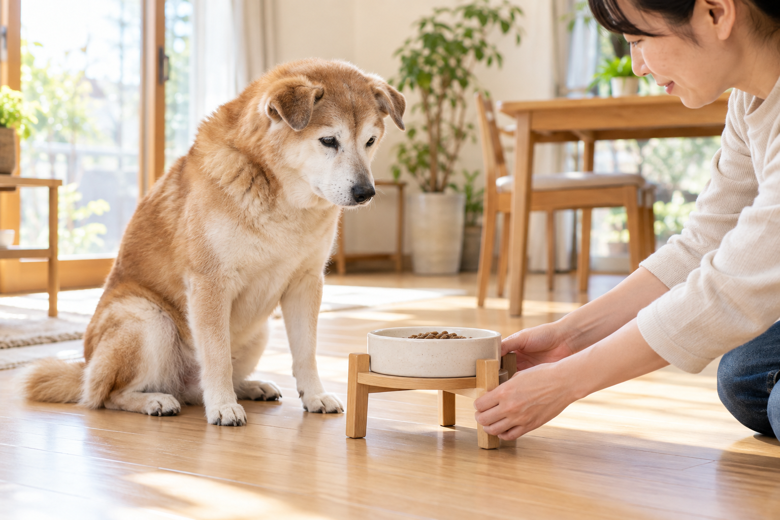 食器の高さと食べる姿勢を確認する犬