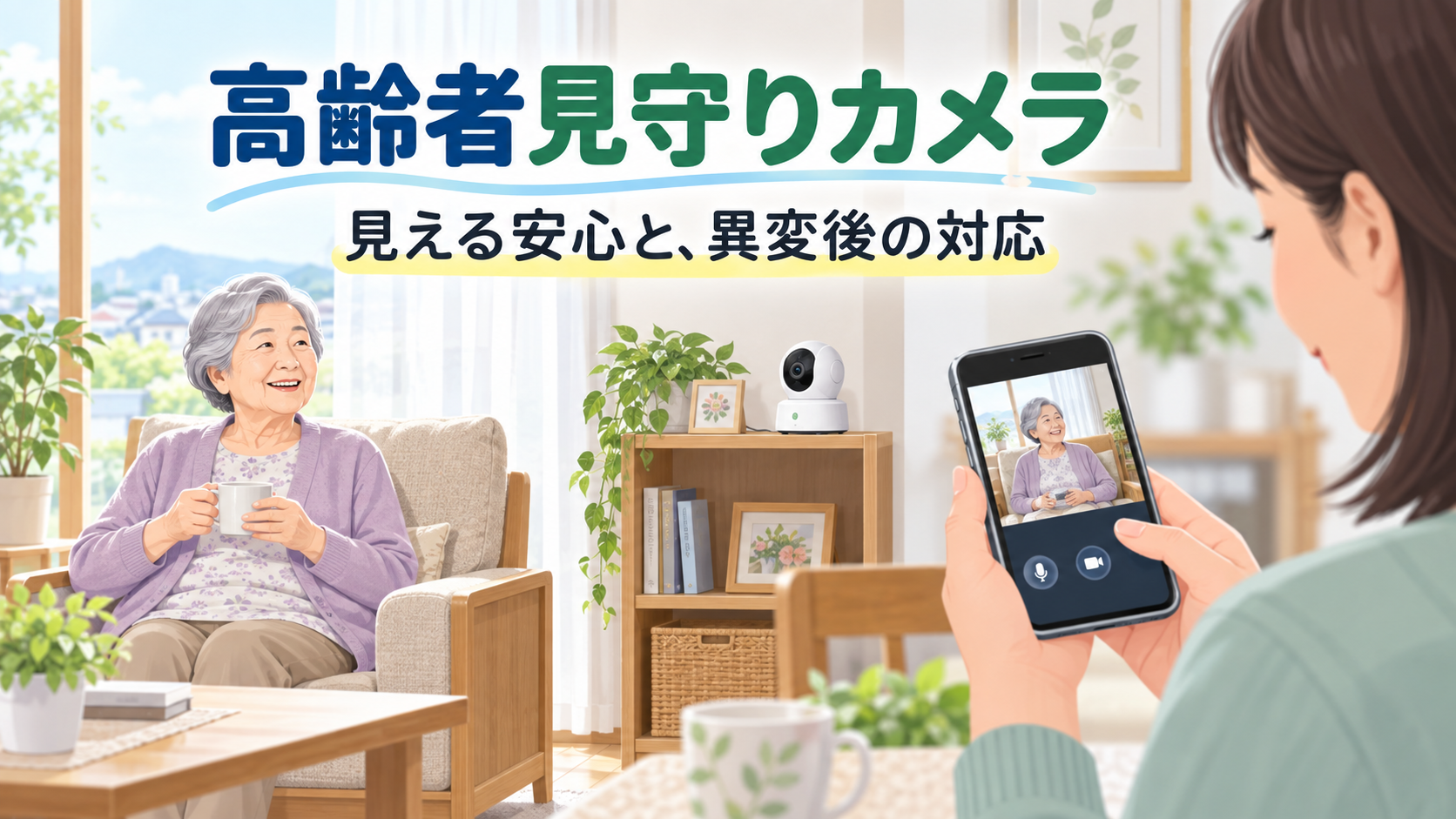 高齢者見守りカメラで離れて暮らす親の様子を確認するイメージ