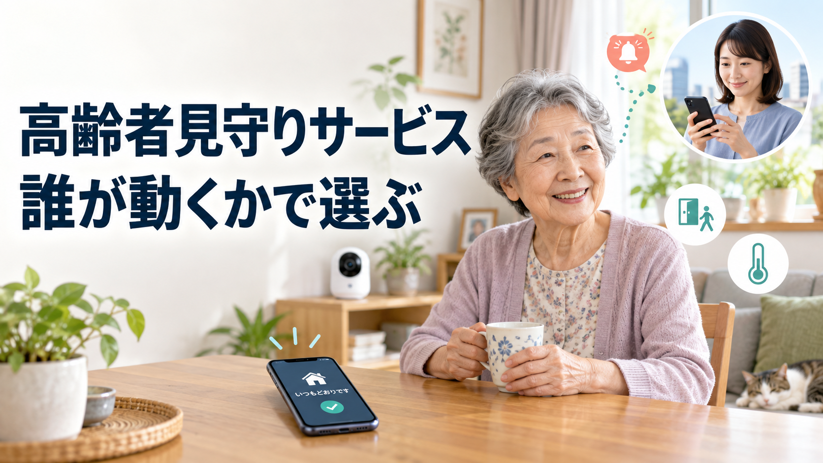 高齢者見守りサービスの選び方と異変後の対応を示すイメージ