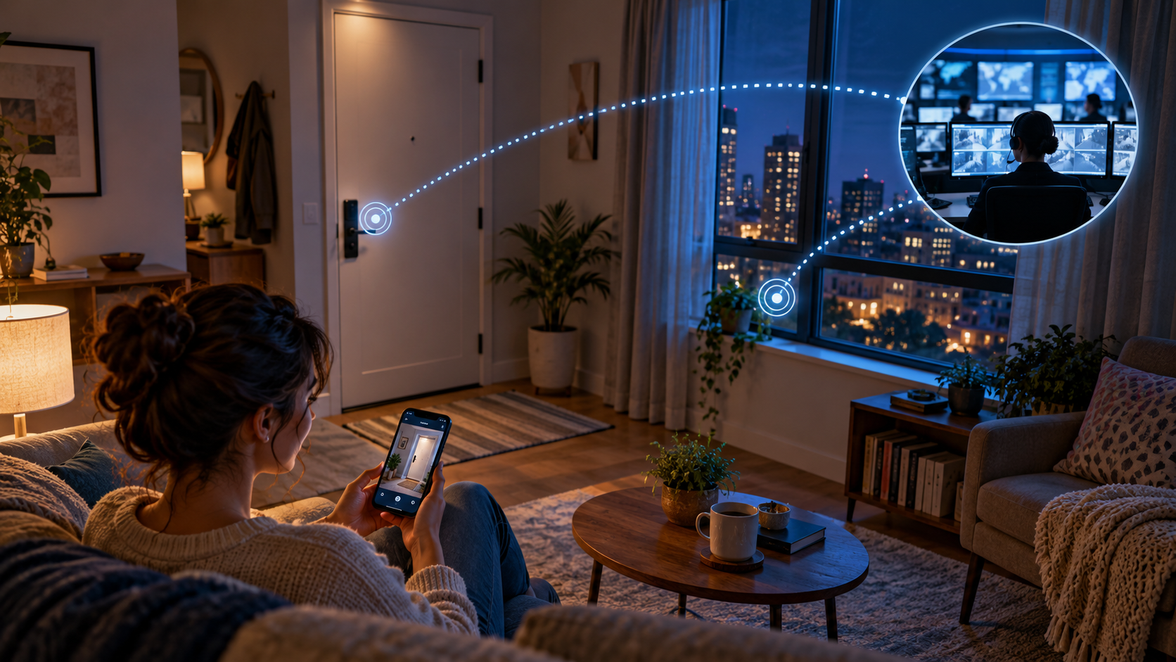 一人暮らしの部屋でスマホ通知を確認し玄関と窓の異常対応を考えるイメージ