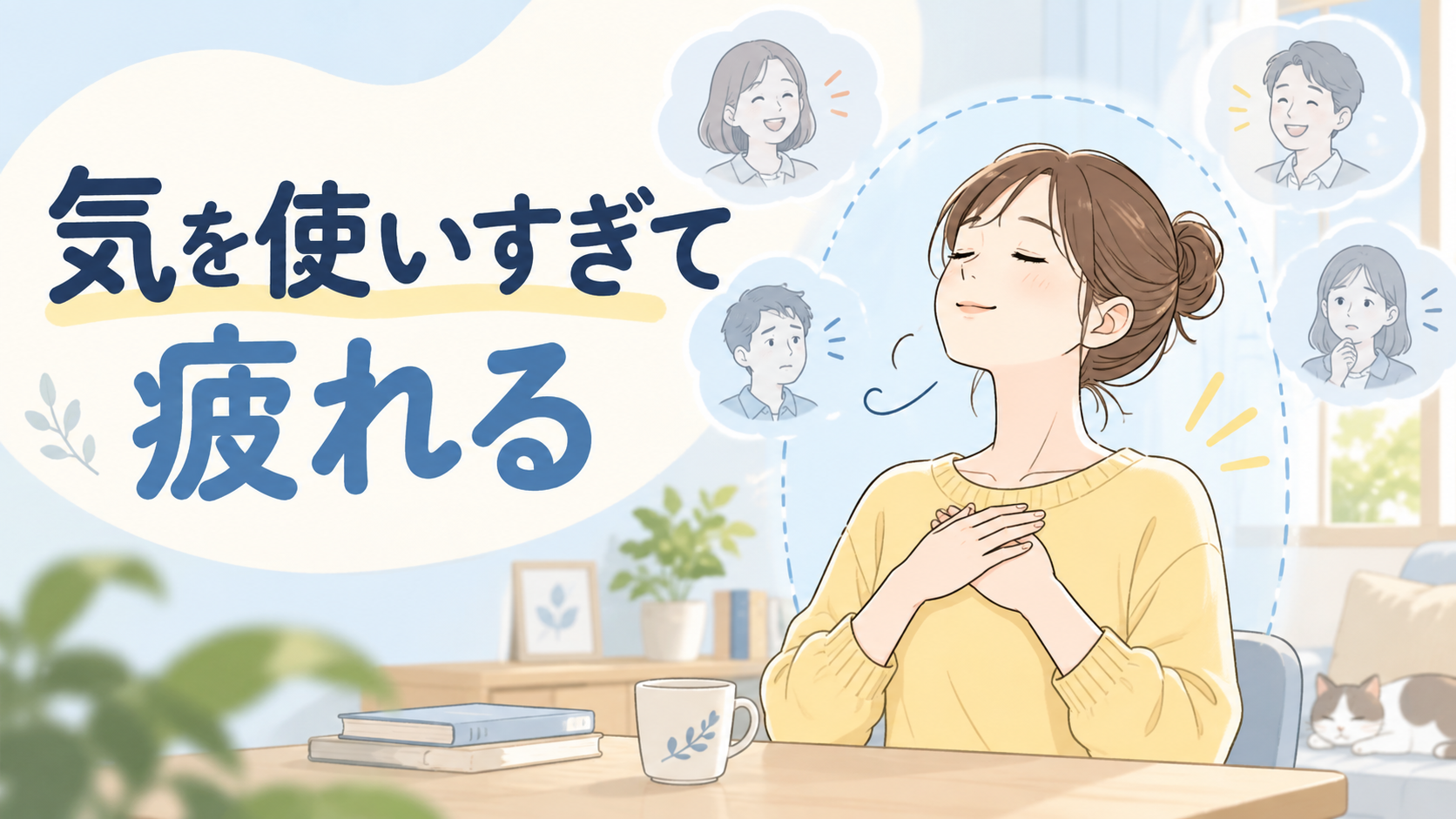 気を使いすぎて疲れる人が対処法を考えているイラスト