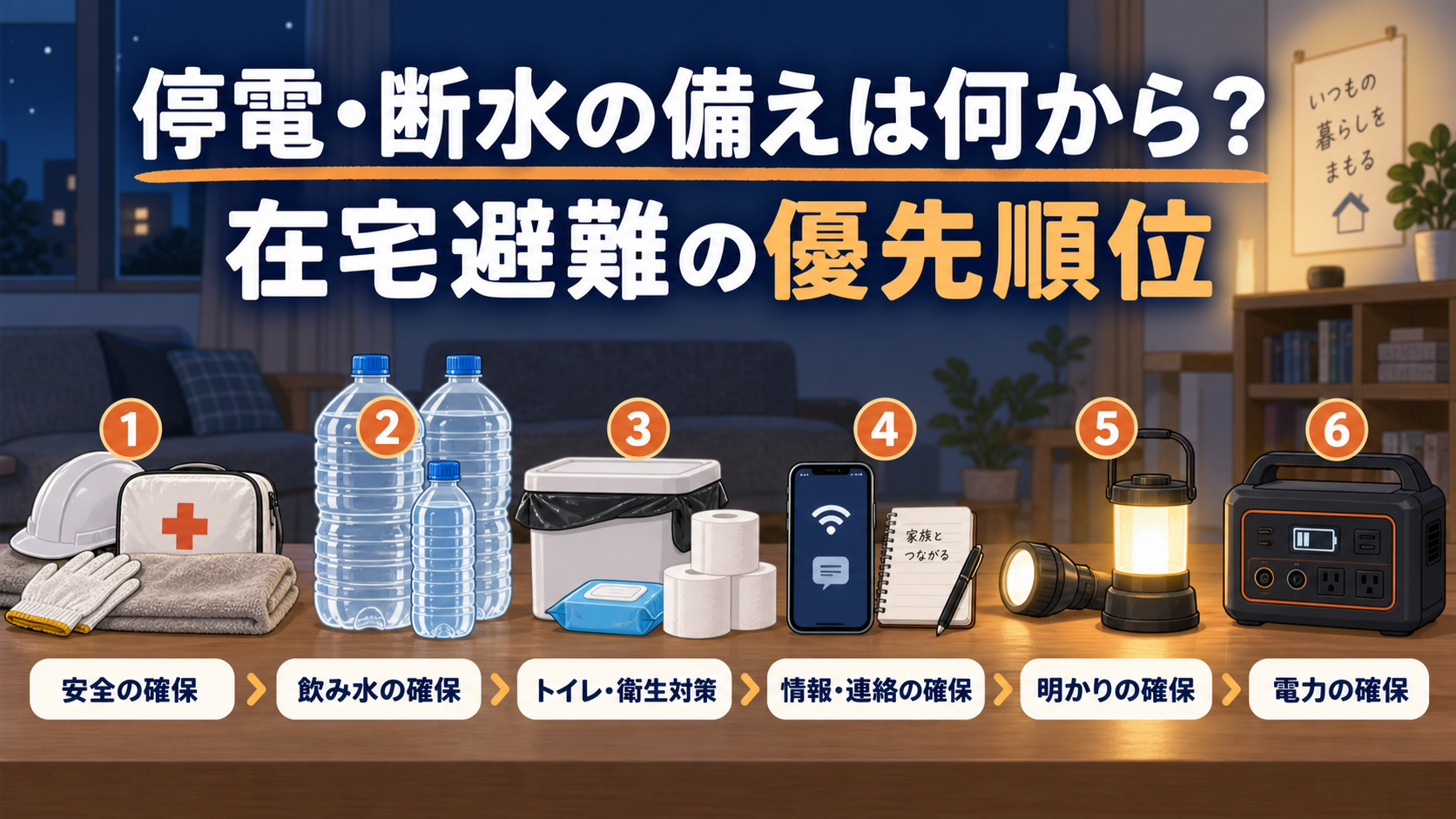 停電・断水時の在宅避難に必要な備えと優先順位を示すイメージ