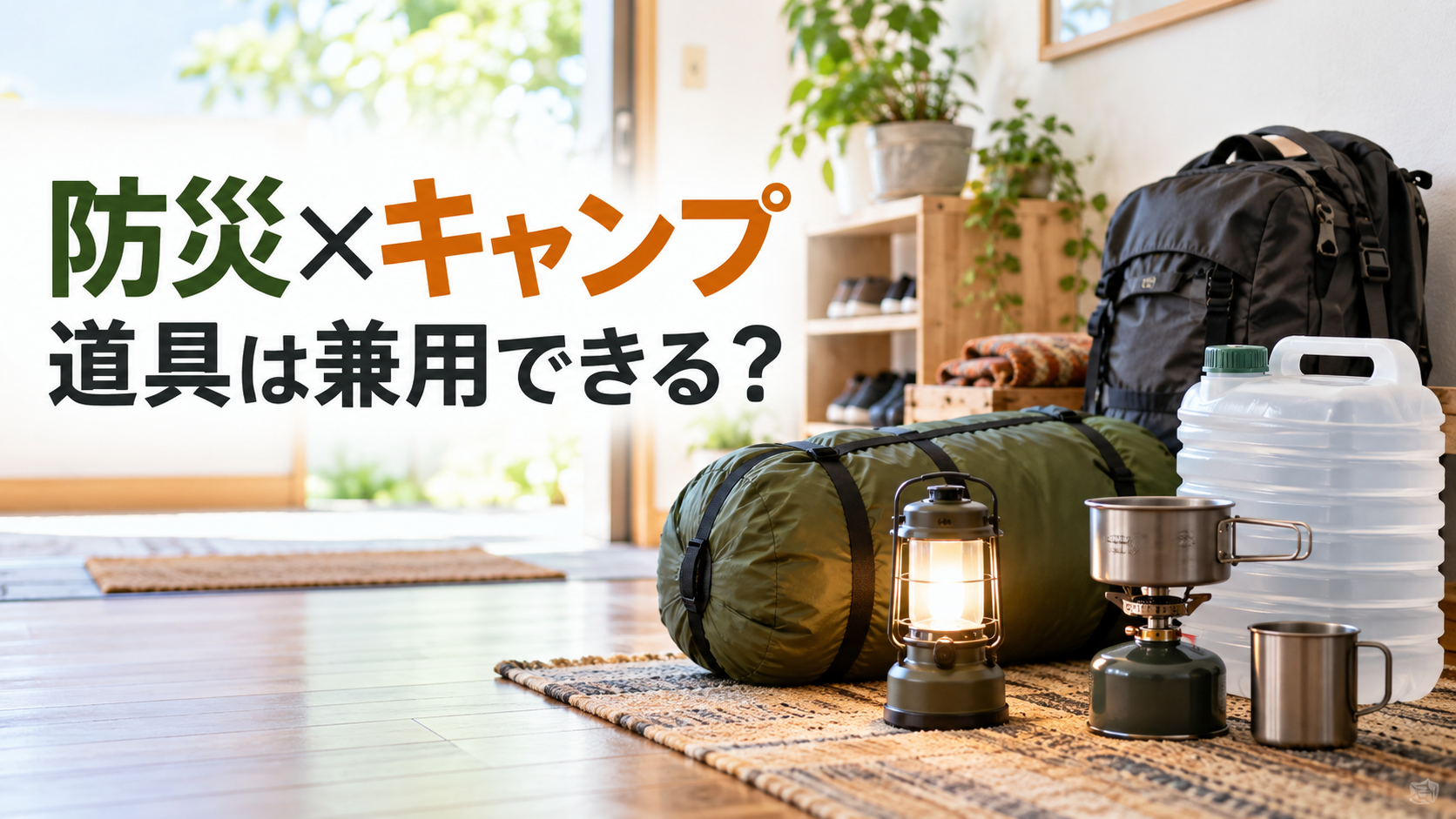防災とキャンプで兼用しやすい道具をまとめたイメージ