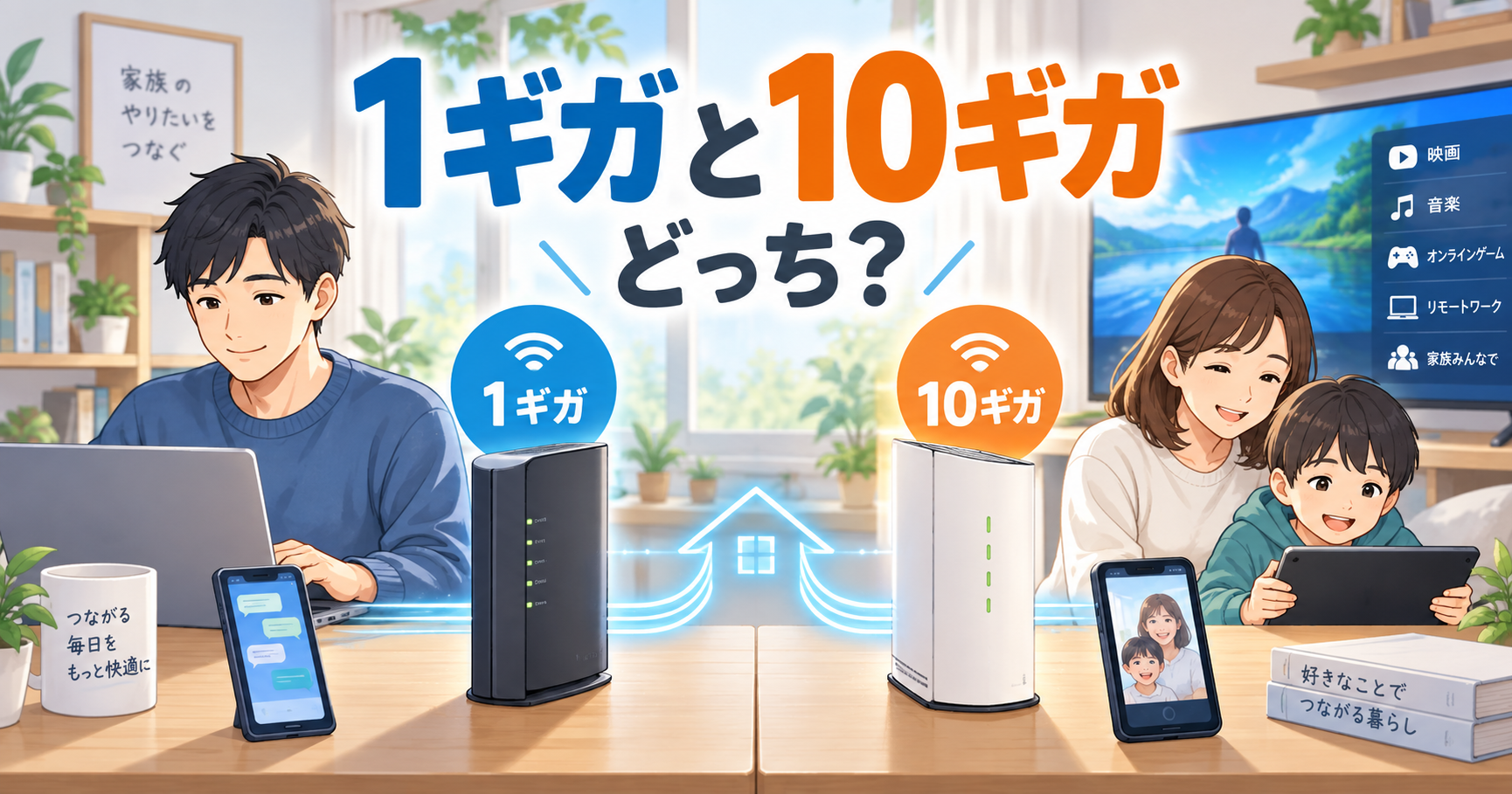 光回線の1ギガと10ギガを比較する家庭用ルーターと家族の利用イメージ