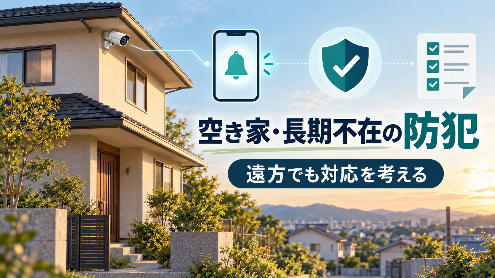 遠方の空き家を防犯カメラと通知で見守るイメージ
