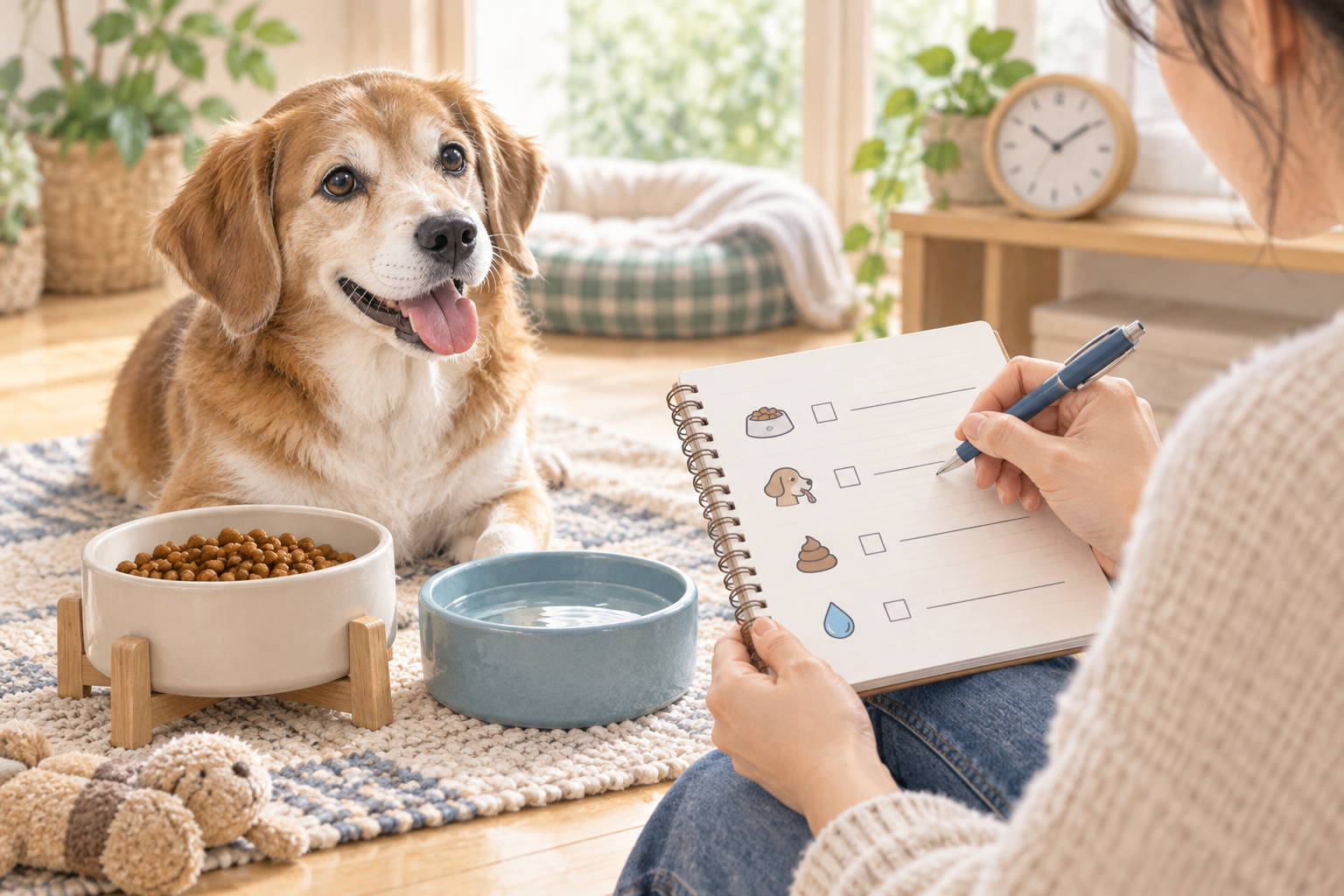 犬の食事量や水分と体調を記録する様子