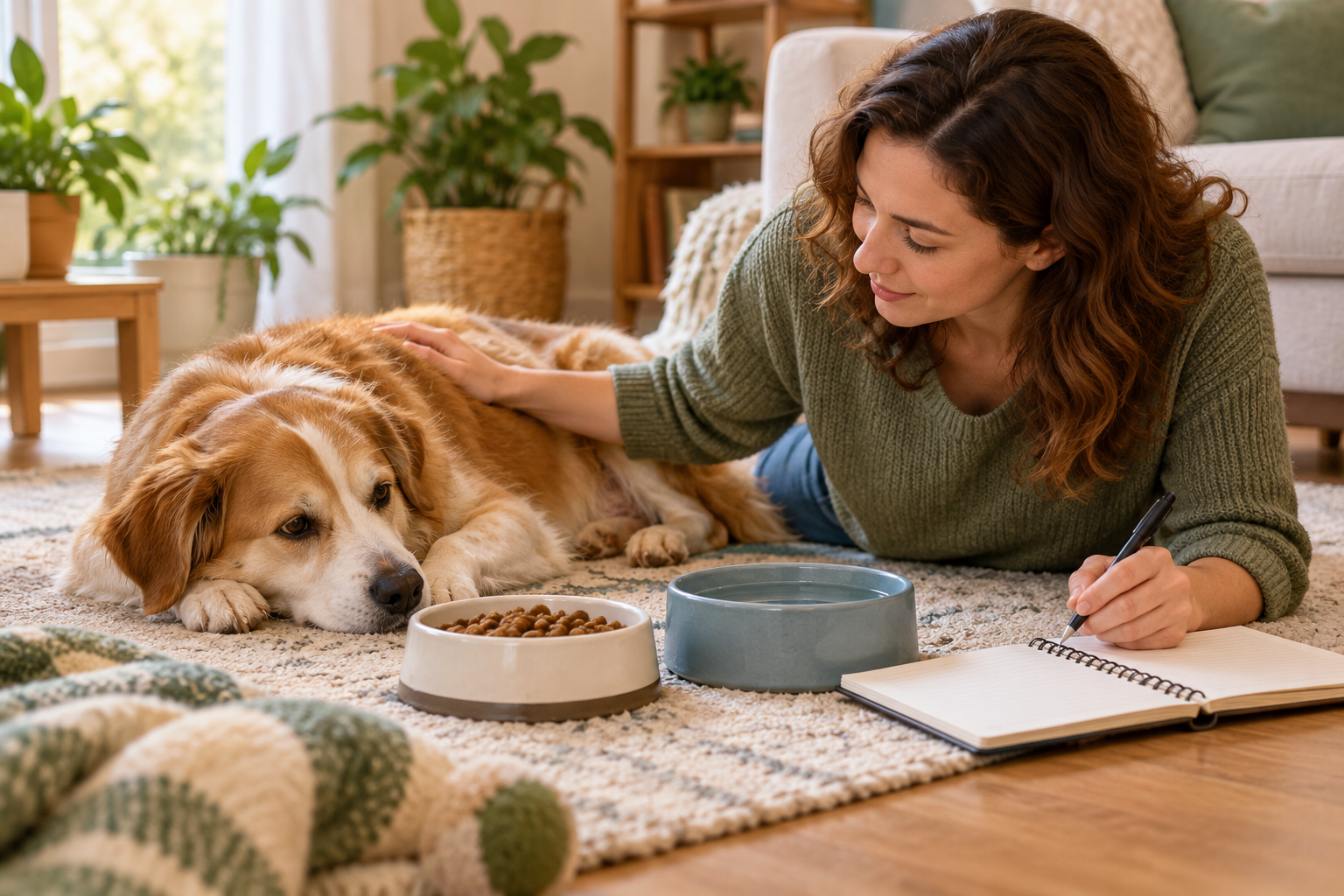 犬の食欲や体重、水分状態を記録して確認する様子