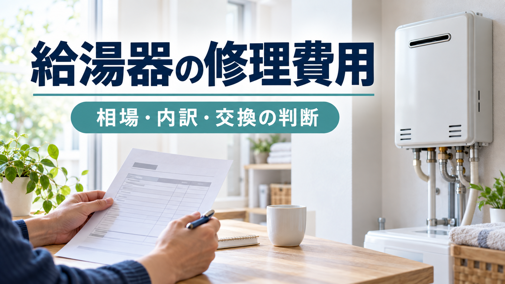 給湯器と見積書を前に、修理費用と交換を検討するイメージ