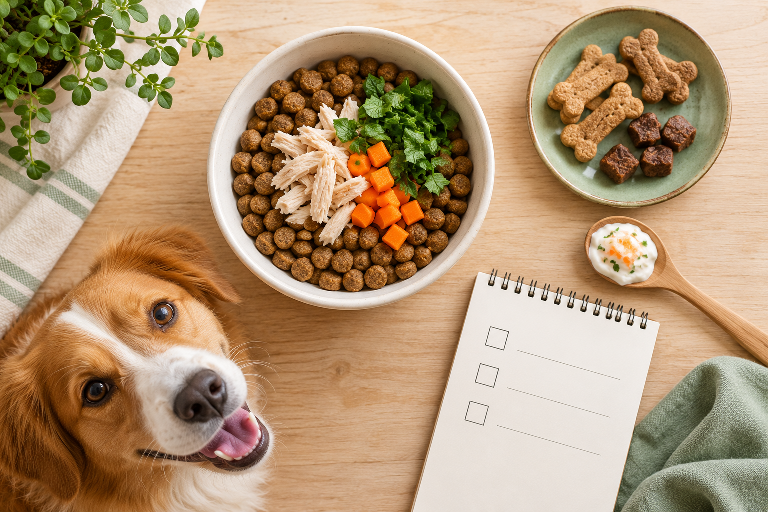 犬の食事とおやつの量を確認する場面